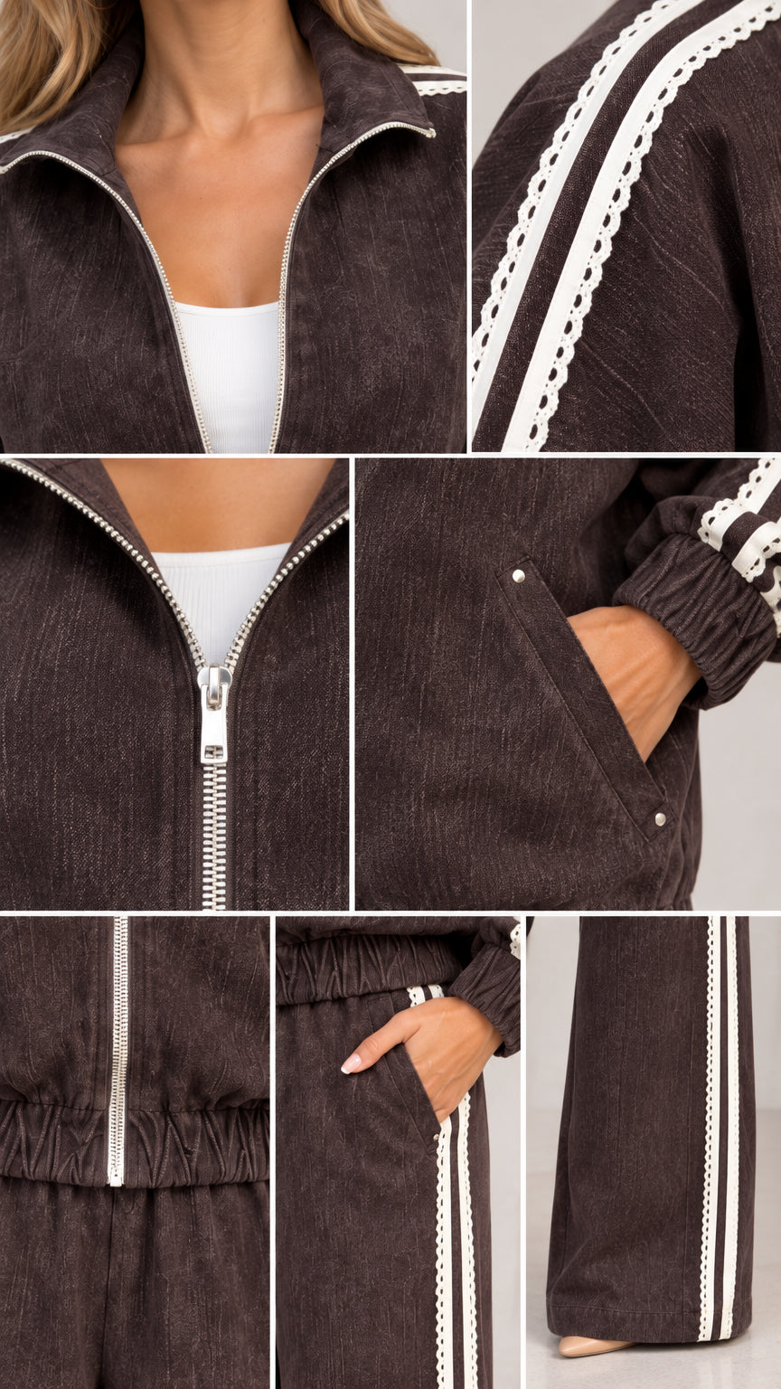 Close-up detail shots of the brown corduroy zipper, collar, pockets, and striped trim