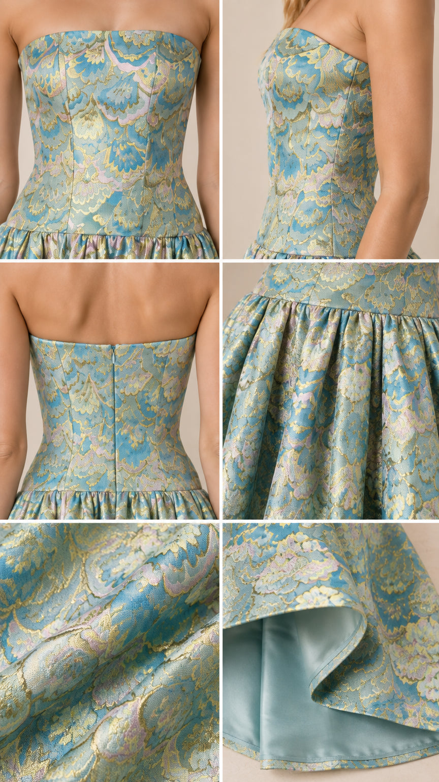 Detailed close-ups of metallic floral jacquard fabric, seams, and skirt lining