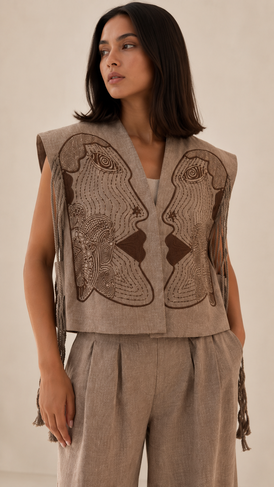 Close-up of taupe embroidered vest with contrast stitched abstract pattern