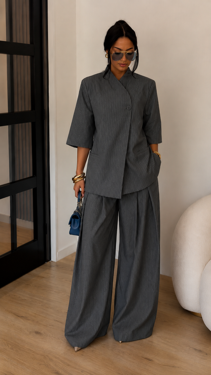 Front view of charcoal textured wrap-look top and wide-leg pants two-piece set