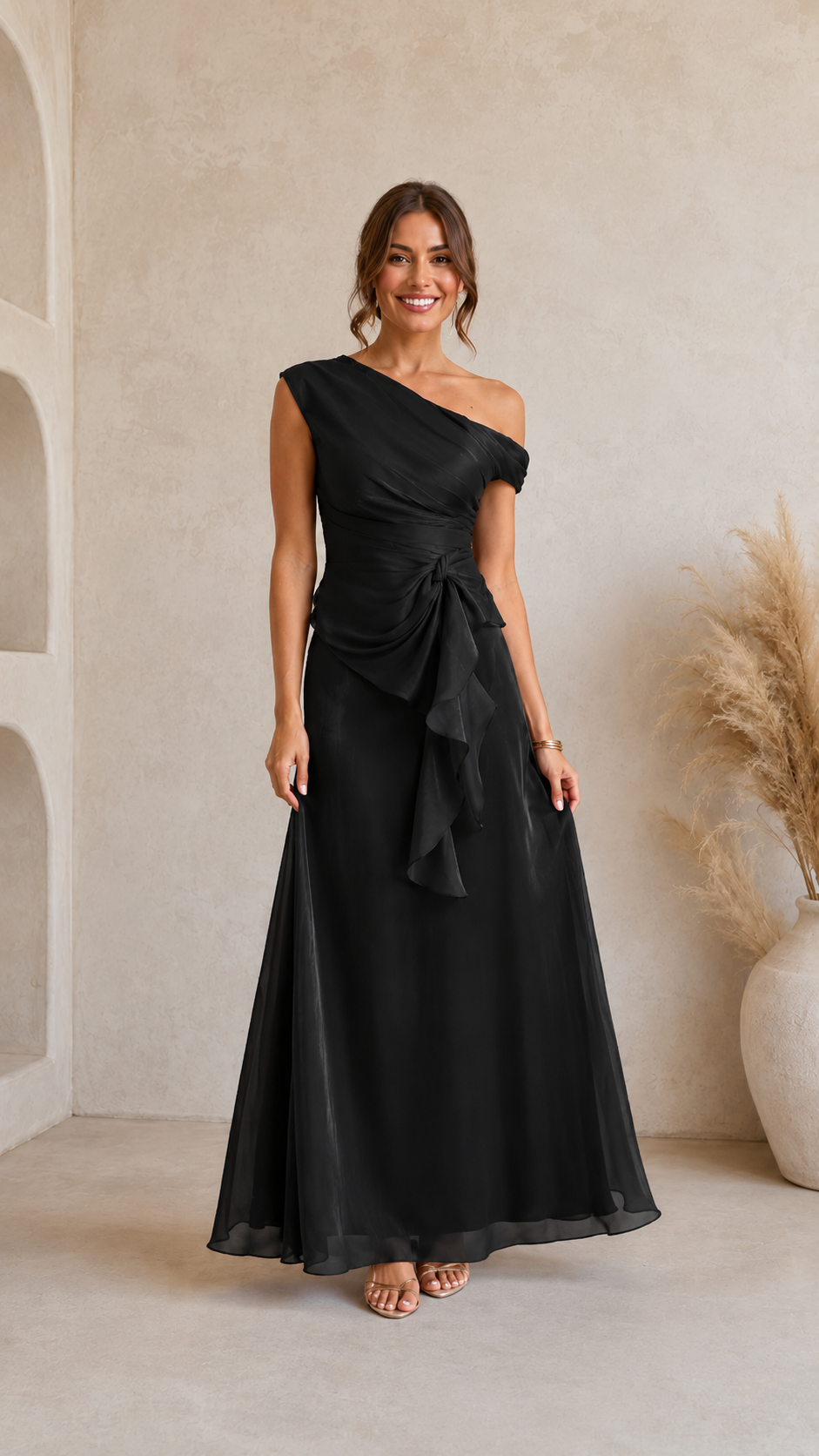 Black one-shoulder maxi evening dress with flattering ruching and full-length skirt