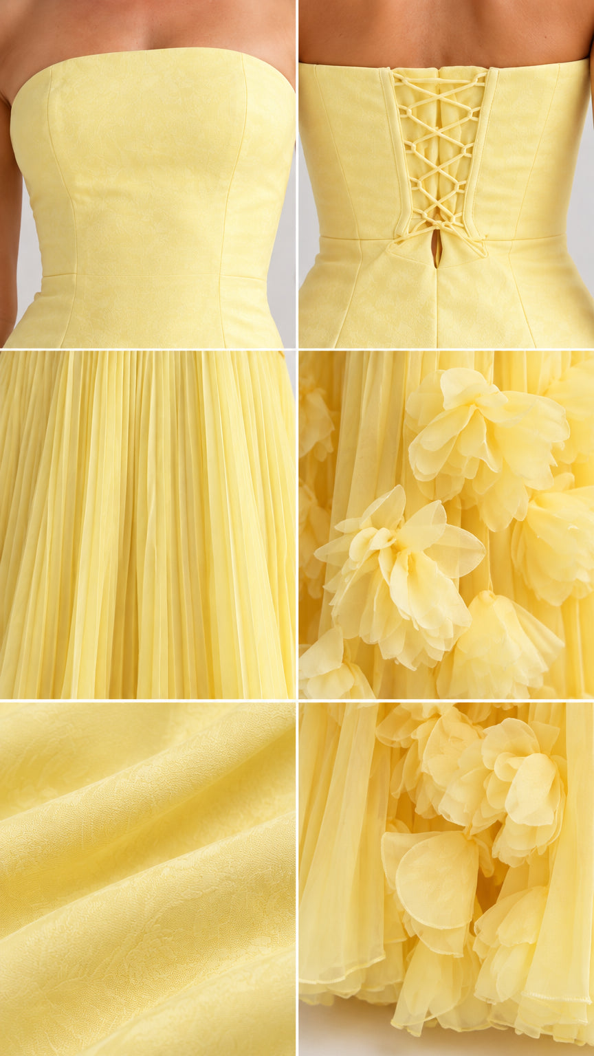 Close-up details of yellow bodice, lace-up back, pleating, and 3D fabric flower appliques
