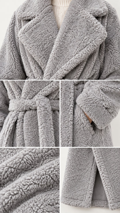 Close-up details of grey teddy coat collar, waist belt, cuff pocket, and textured fabric