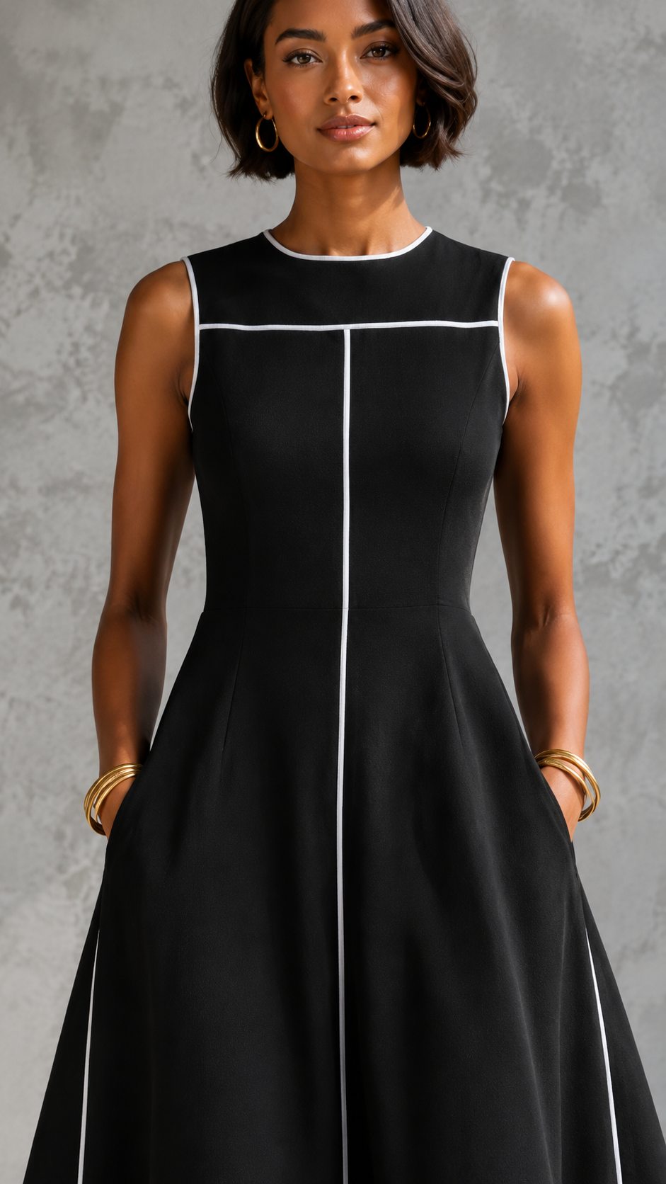 Close-up of black round-neck sleeveless dress with white contrast trim