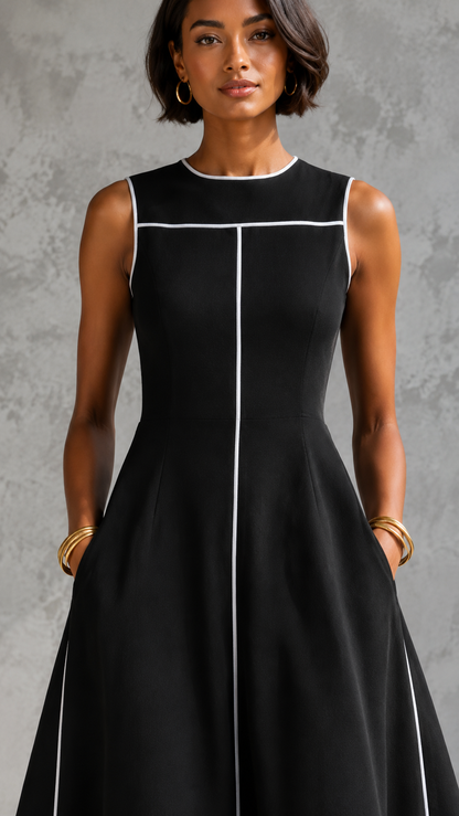 Close-up of black round-neck sleeveless dress with white contrast trim