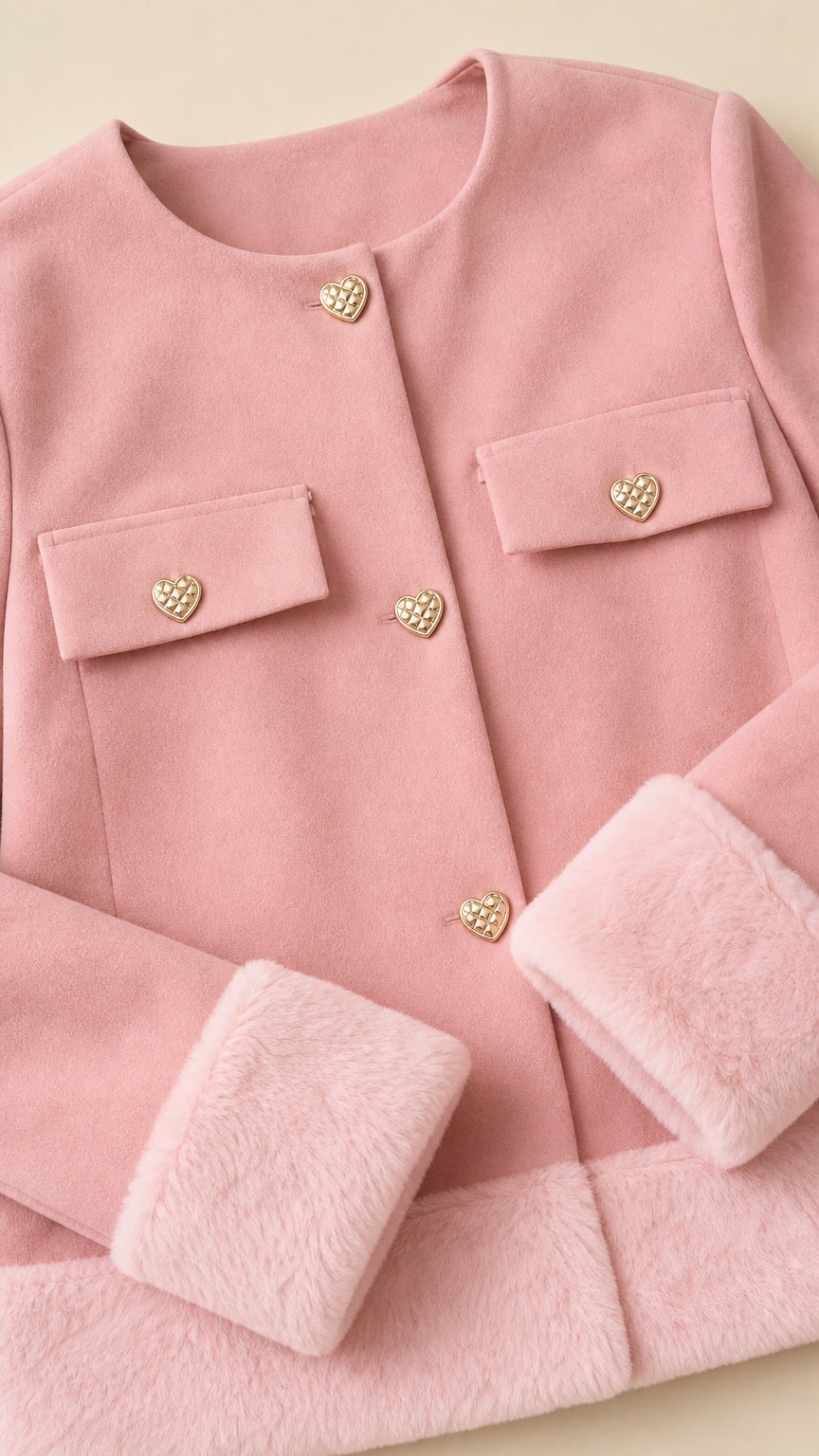 Close-up detail of pink jacket showing heart buttons, chest flap pockets, and faux fur cuffs