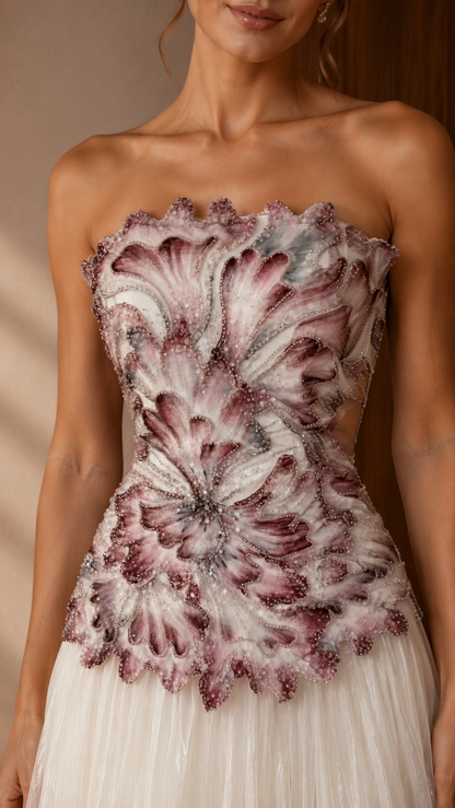 Close-up of mauve floral appliqué strapless bodice with scalloped neckline
