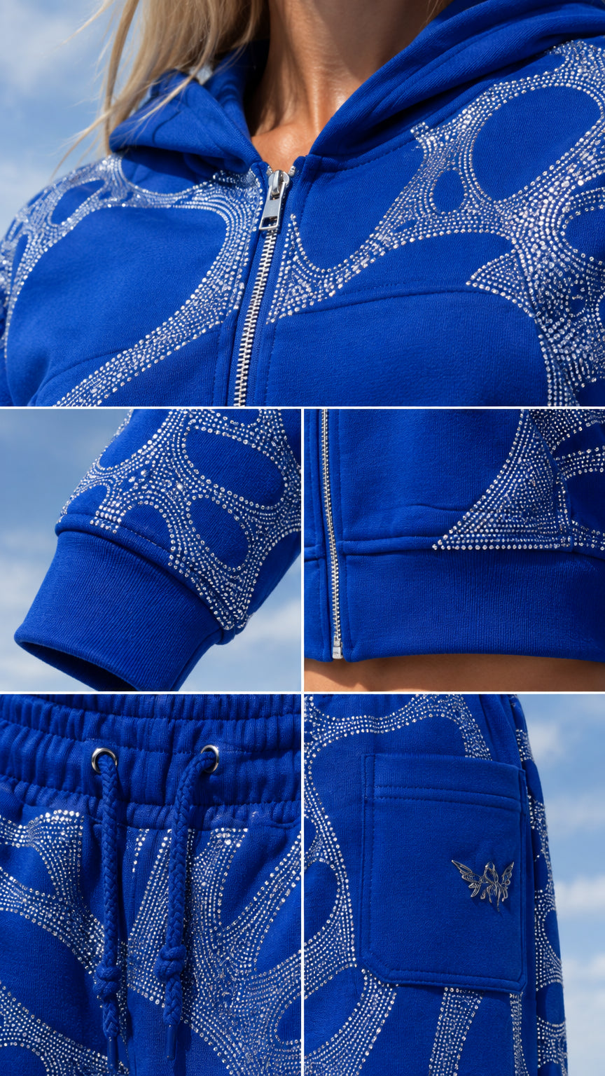 Close-up details of royal blue rhinestone pattern, zipper, ribbed cuffs, drawstring, and back pocket