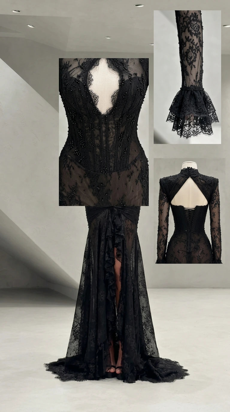 Detail view of beaded corset bodice, bell cuff sleeve, and back cutout