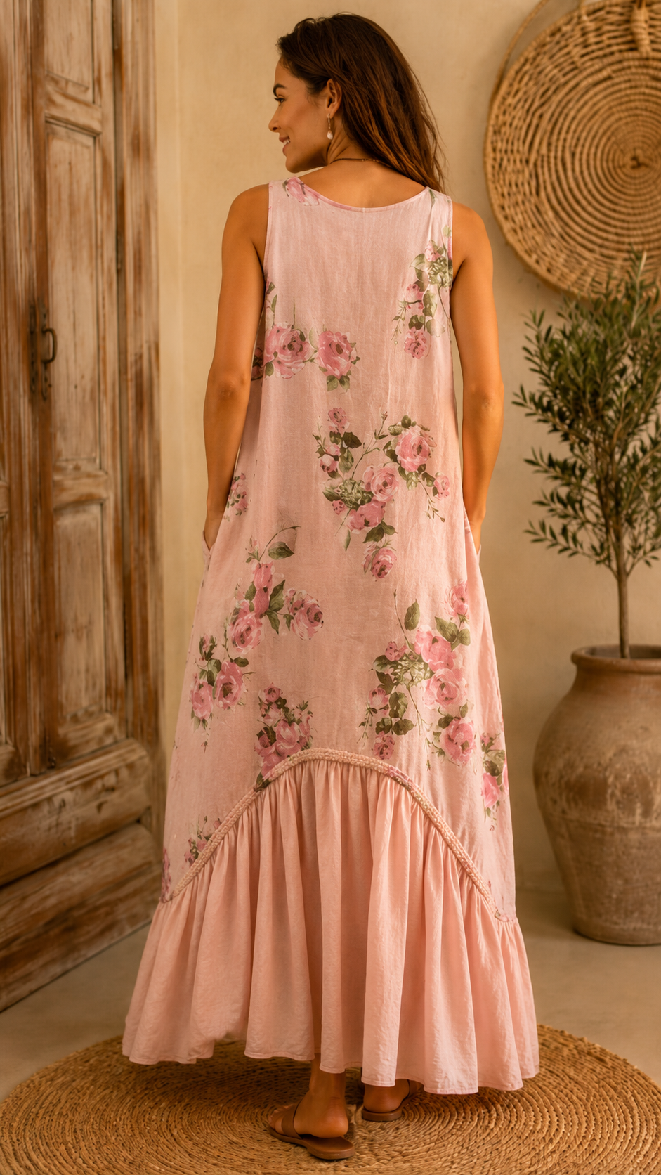 Back view of blush pink floral maxi dress with sleeveless relaxed silhouette