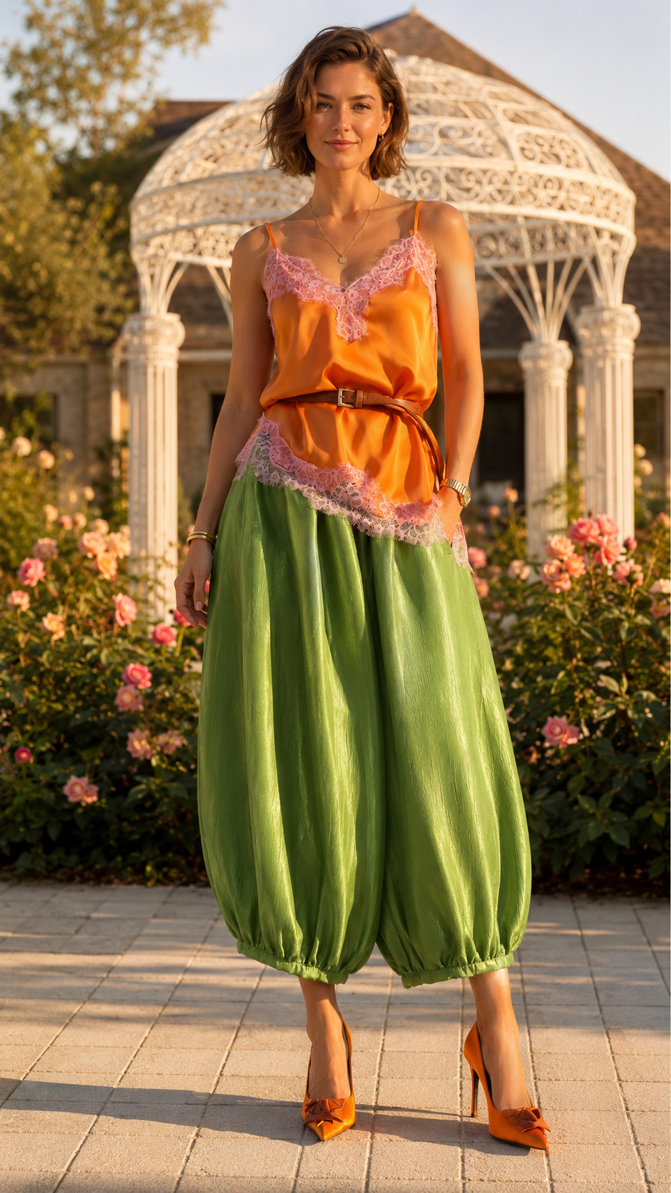 Orange and green lace trim cami jumpsuit full length front view