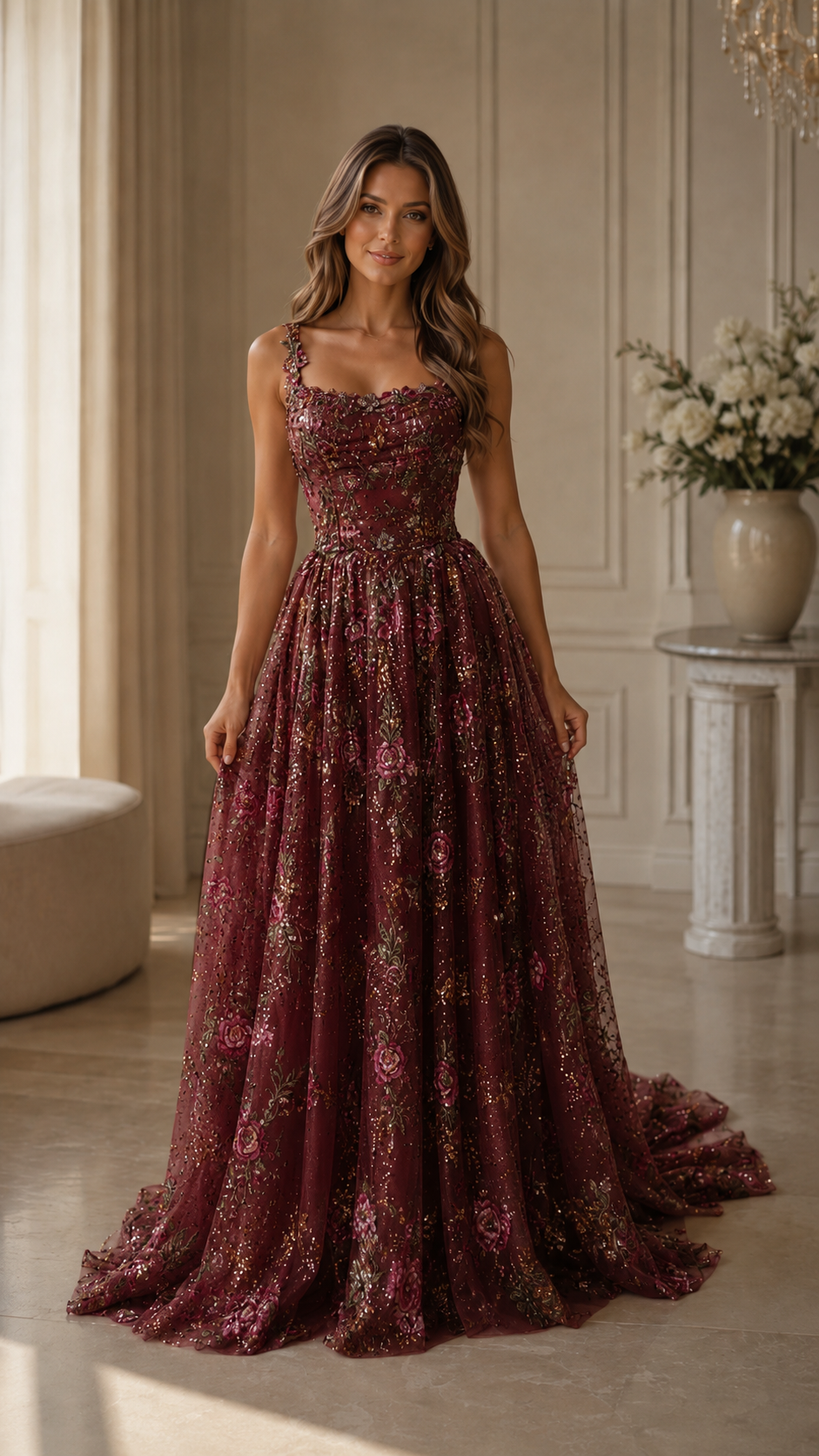 Burgundy floral glitter ball gown maxi dress front view