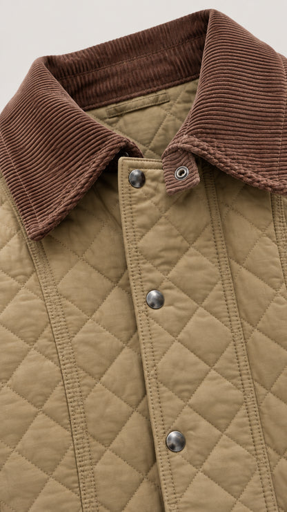 Close-up detail of brown corduroy collar, diamond quilting, and snap buttons