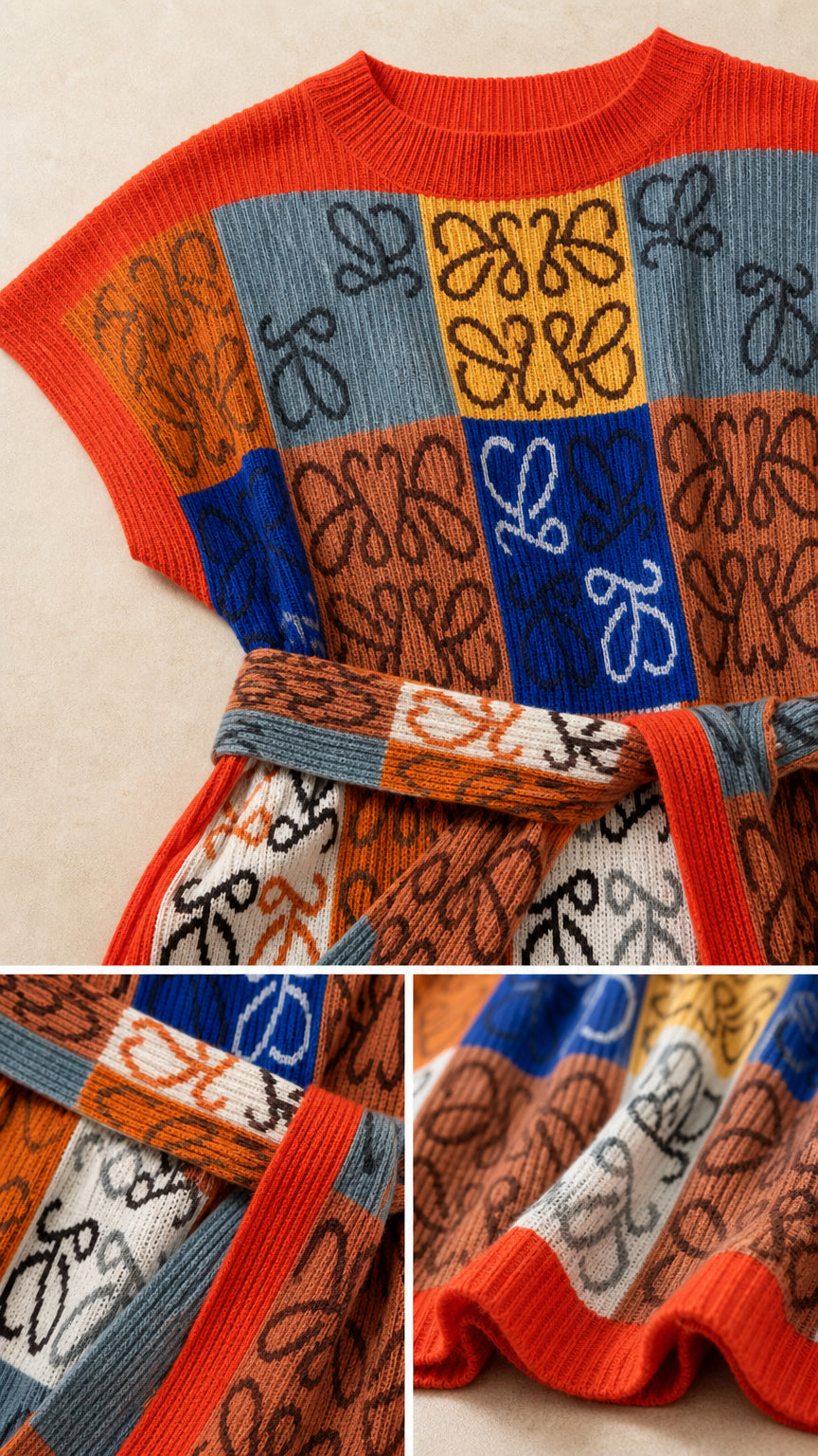 Close-up details of ribbed neckline, knit fabric texture, and self-tie belt