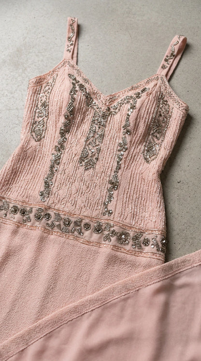 Close-up detail of delicate beadwork and textured fabric on Blush Pink bodice