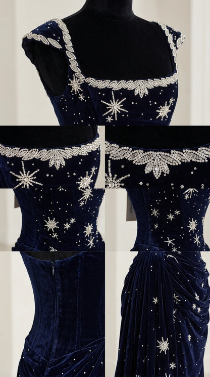 Close-up details of beaded square neckline and celestial embroidery on velvet fabric