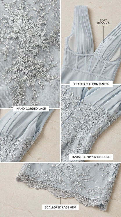 Detailed close-ups of hand-corded lace, pleated chiffon V-neck, padding, zipper, and scalloped hem