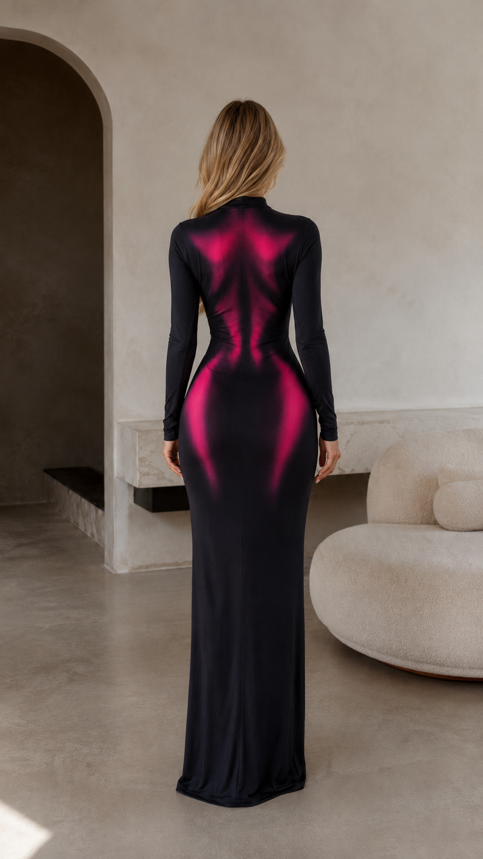 Back view of black and pink contrast long sleeve bodycon maxi dress