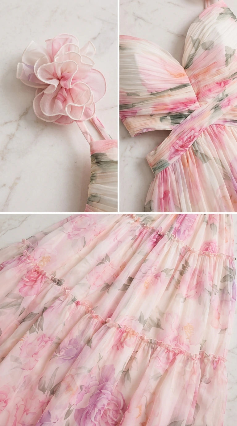 Close-up details of 3D fabric flower strap and crossover cut-out bodice on floral dress