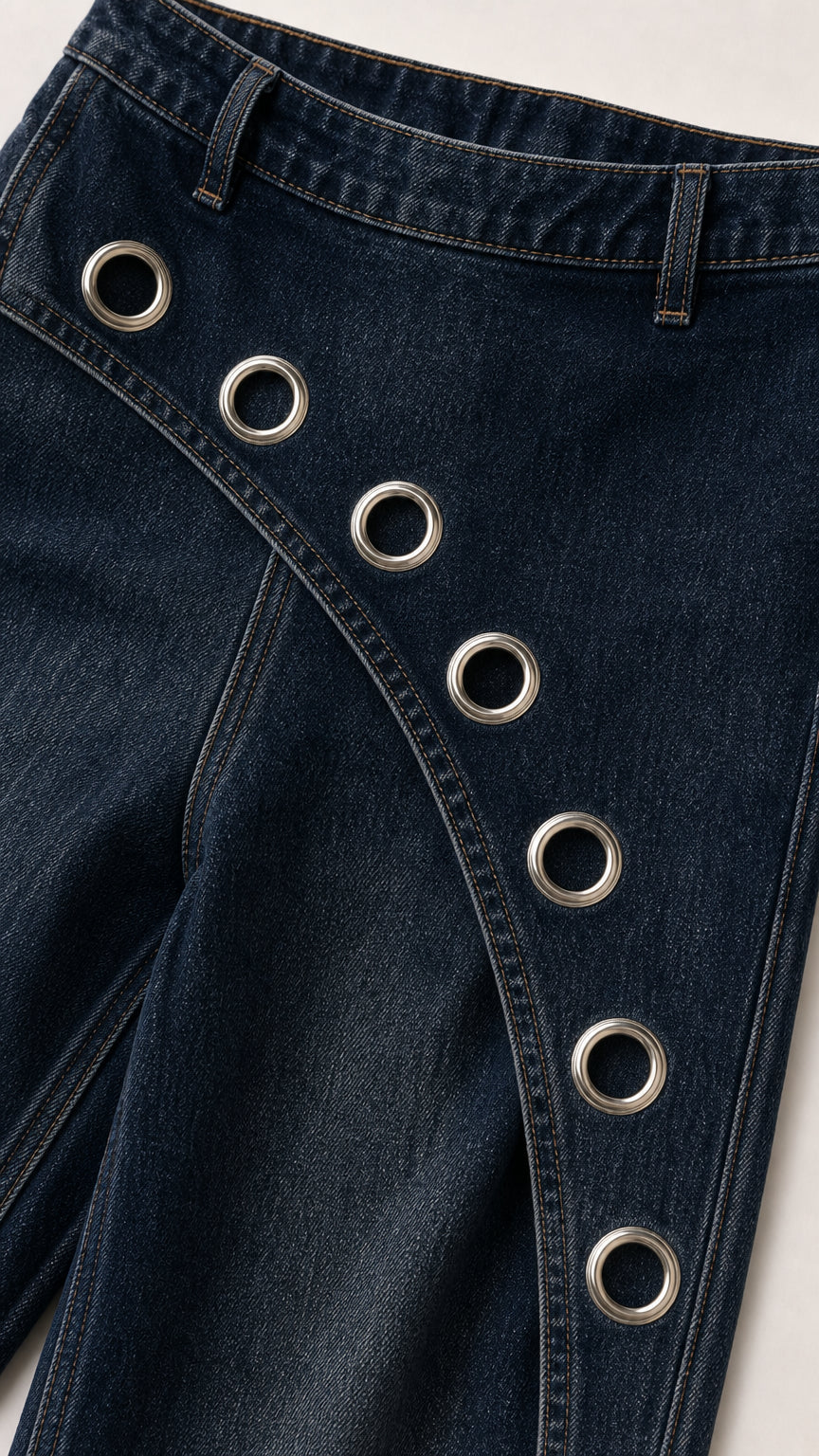 Close-up detail of dark blue denim fabric and metal grommet trim across waist and leg