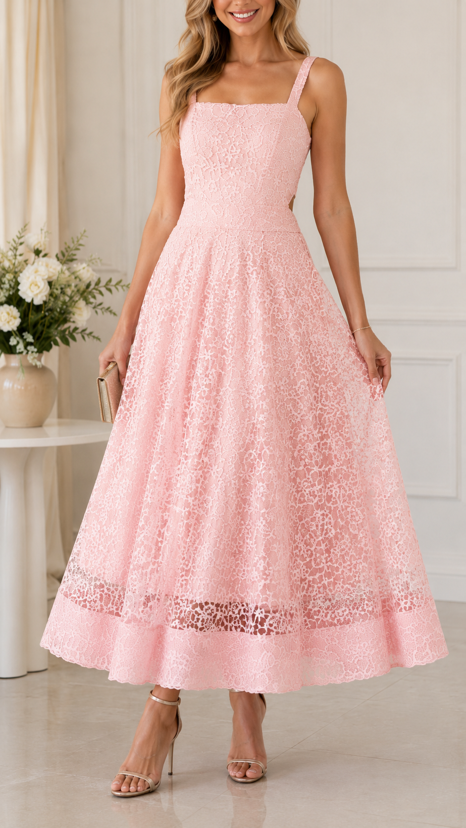 Front close full-length view of blush pink lace A-line occasion dress
