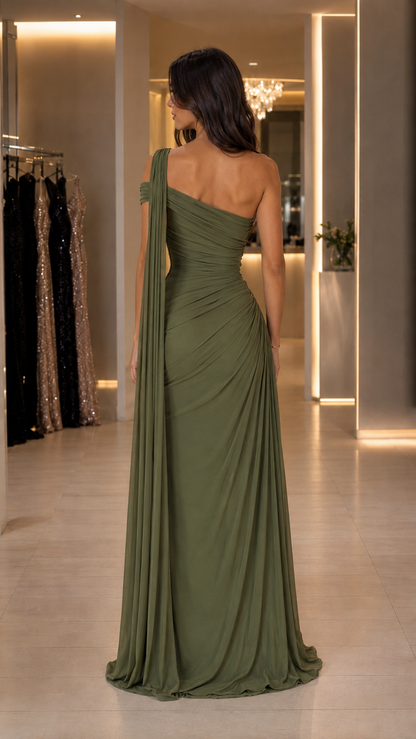 Back view of olive floor-length one-shoulder gown with fitted ruched silhouette and trailing drape