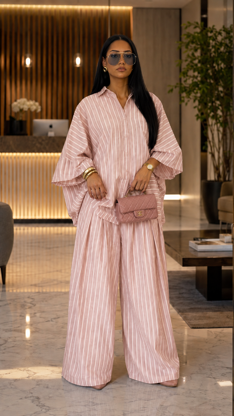 Front view of blush pink striped oversized shirt and wide leg pants set