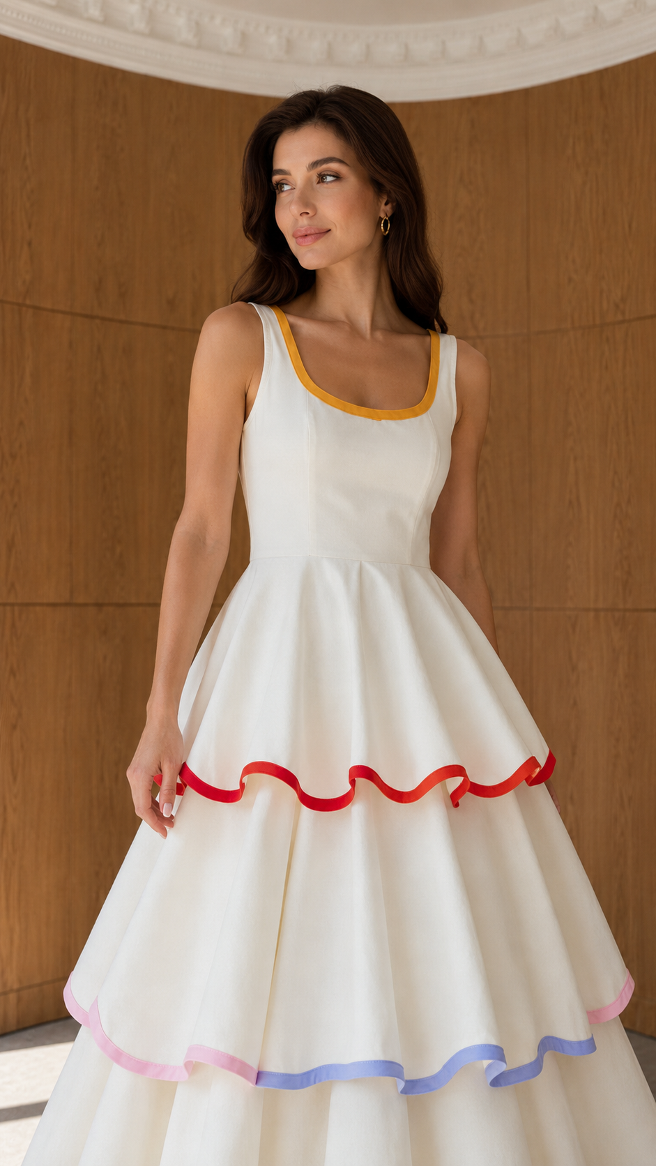 Close view of ivory maxi dress bodice and tiered skirt with contrast edging