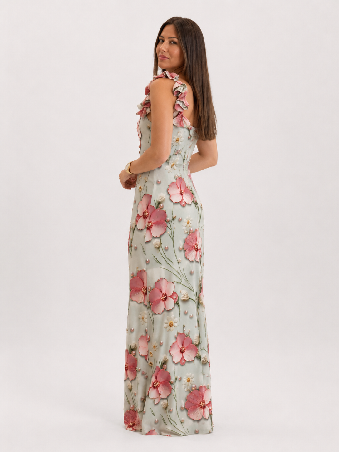 Back side view of sage green printed maxi dress with body-skimming fit