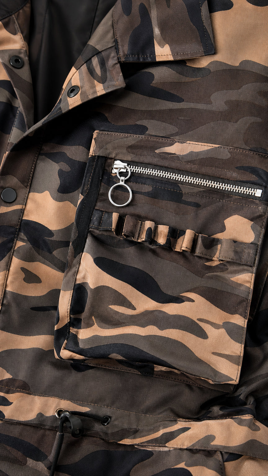 Close-up detail of cargo pocket with silver ring zipper and webbing strap on camo top