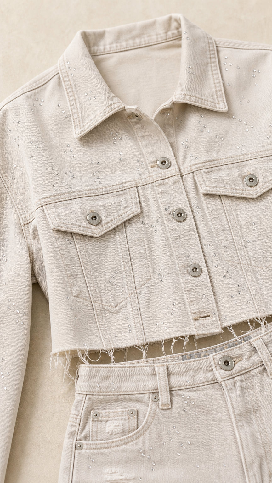 Close-up detail of rhinestone studs, buttons, and frayed hem on Ecru denim set