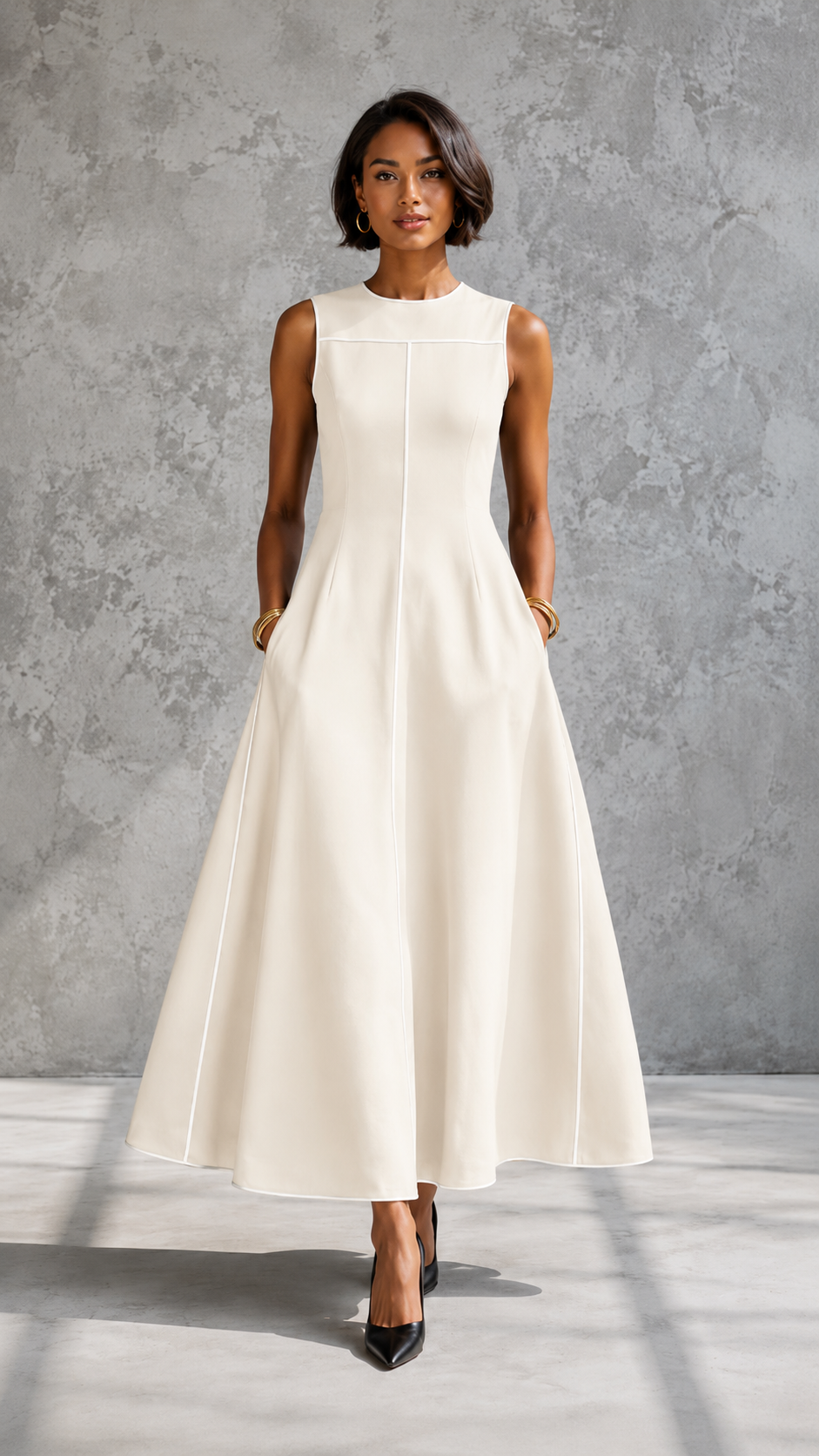 Front view of ivory sleeveless A-line dress with contrast piping