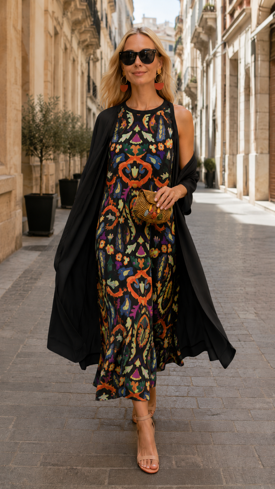 Black printed sleeveless maxi dress with black flowing open front cover up