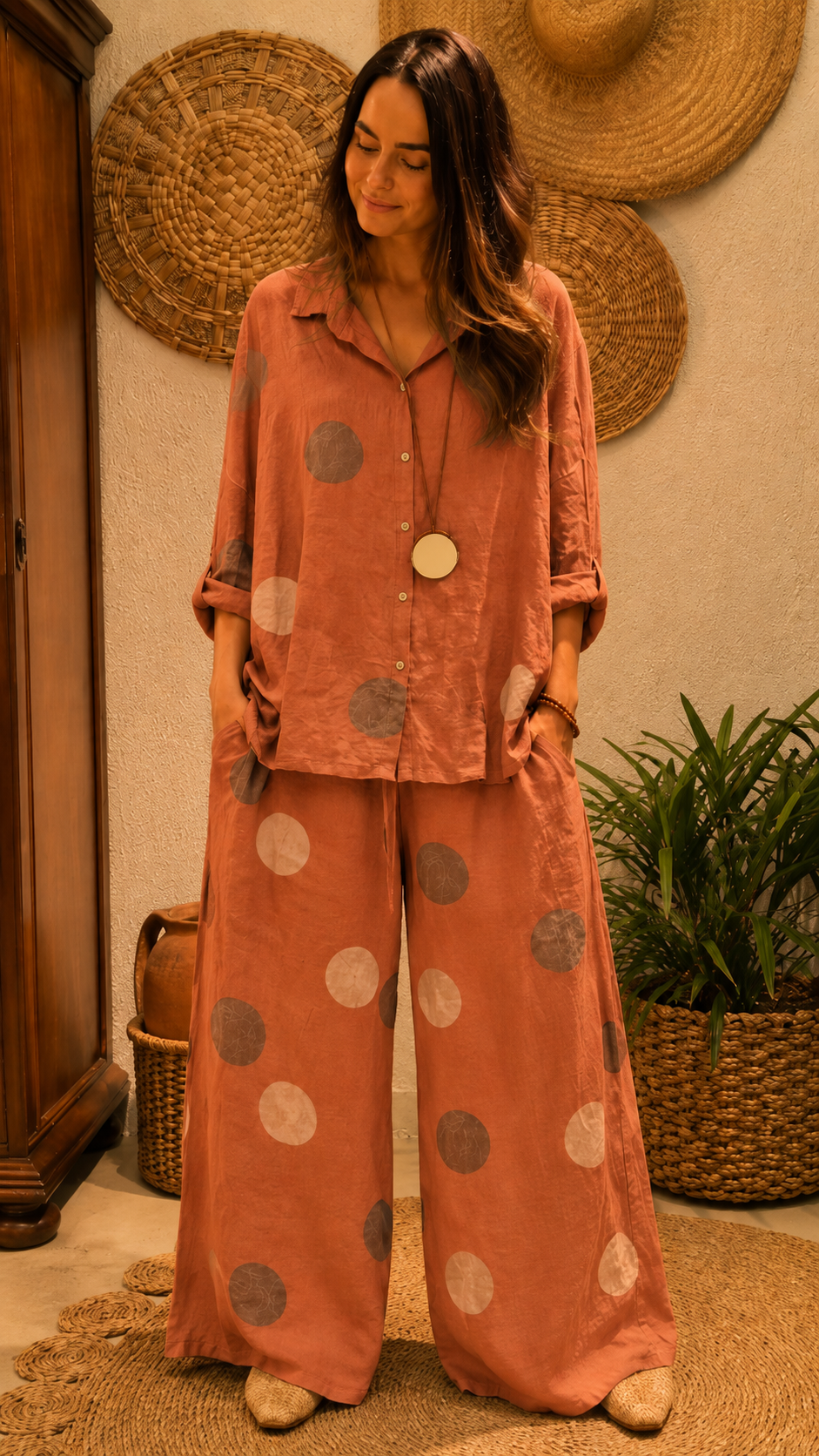 Woman wearing a terracotta polka dot two-piece set with button-up top and wide leg pants