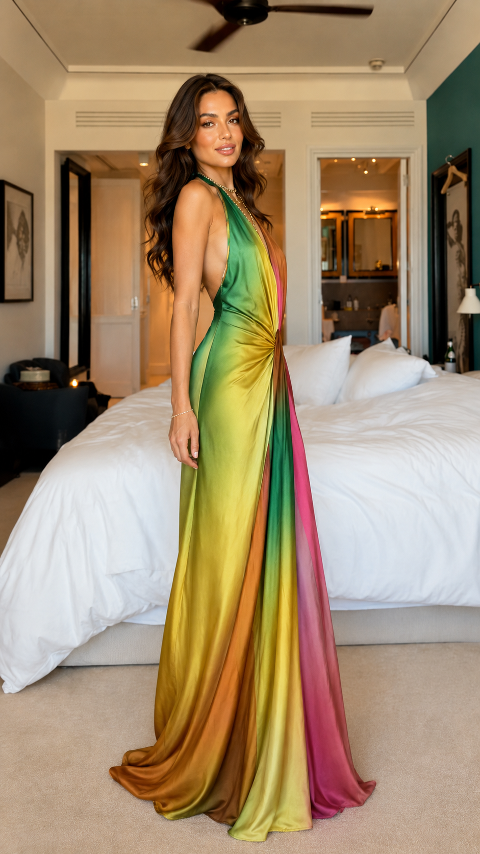 Side view of multicolor gradient floor-length halter dress with open back and fluid drape