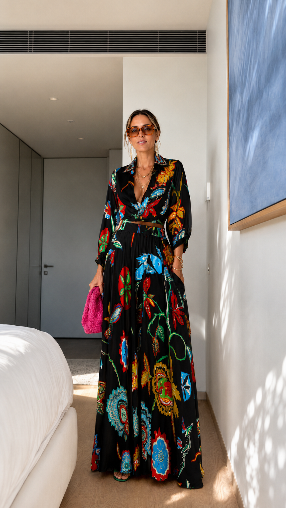 Front view of black printed shirt collar maxi dress with belted waist