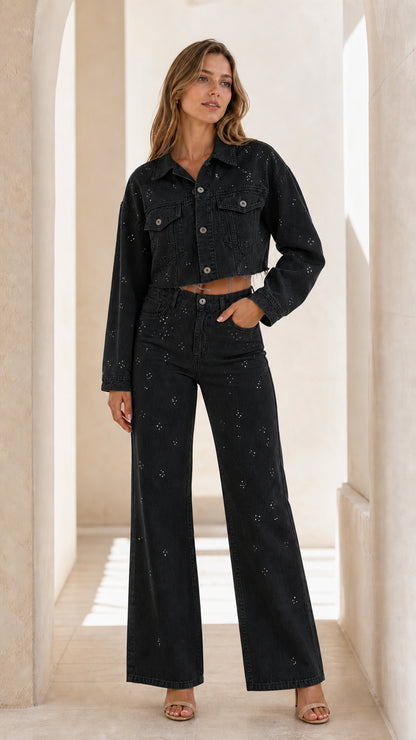 Woman wearing Black rhinestone embellished cropped denim jacket and wide leg pants set