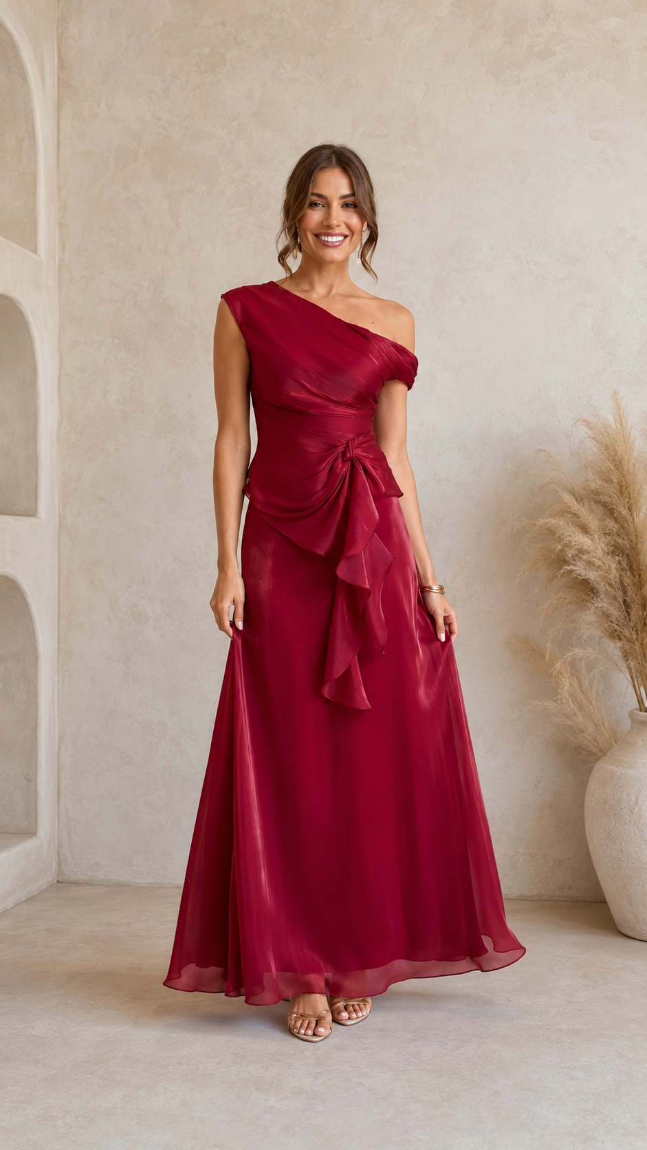 Burgundy one-shoulder maxi dress front view with asymmetrical neckline and ruffle waist