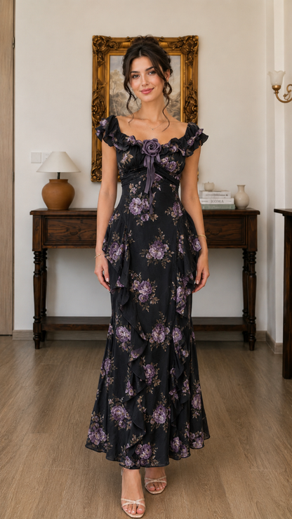 Front view of black floral off-shoulder maxi dress with purple-toned print