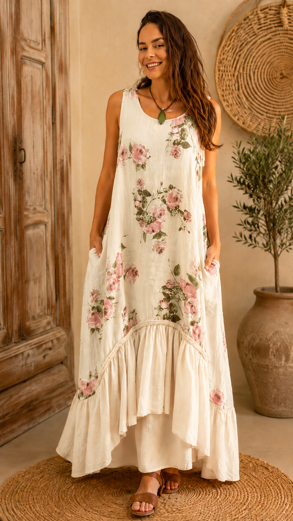 Front view of ivory floral sleeveless maxi dress with pockets and ruffle hem