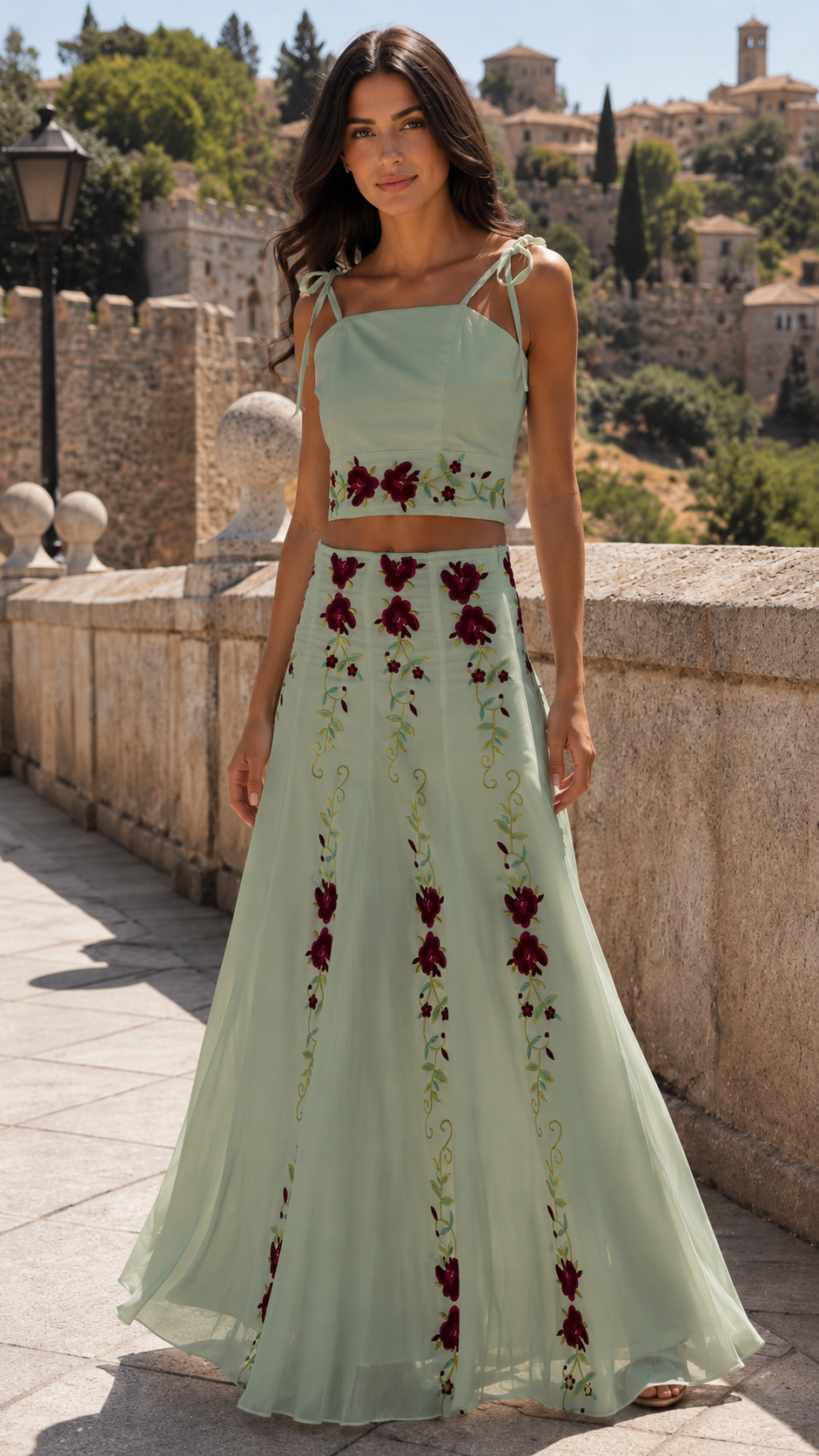 Model wearing a sage green floral embroidered tie-strap crop top and maxi skirt set