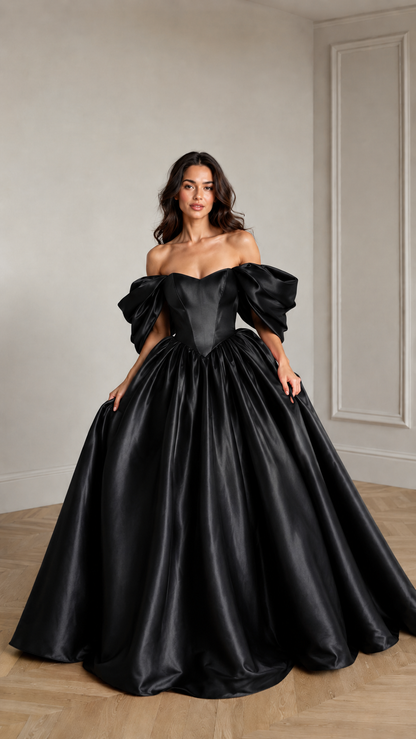 Front view of black off-shoulder puff sleeve ball gown with full satin-look skirt