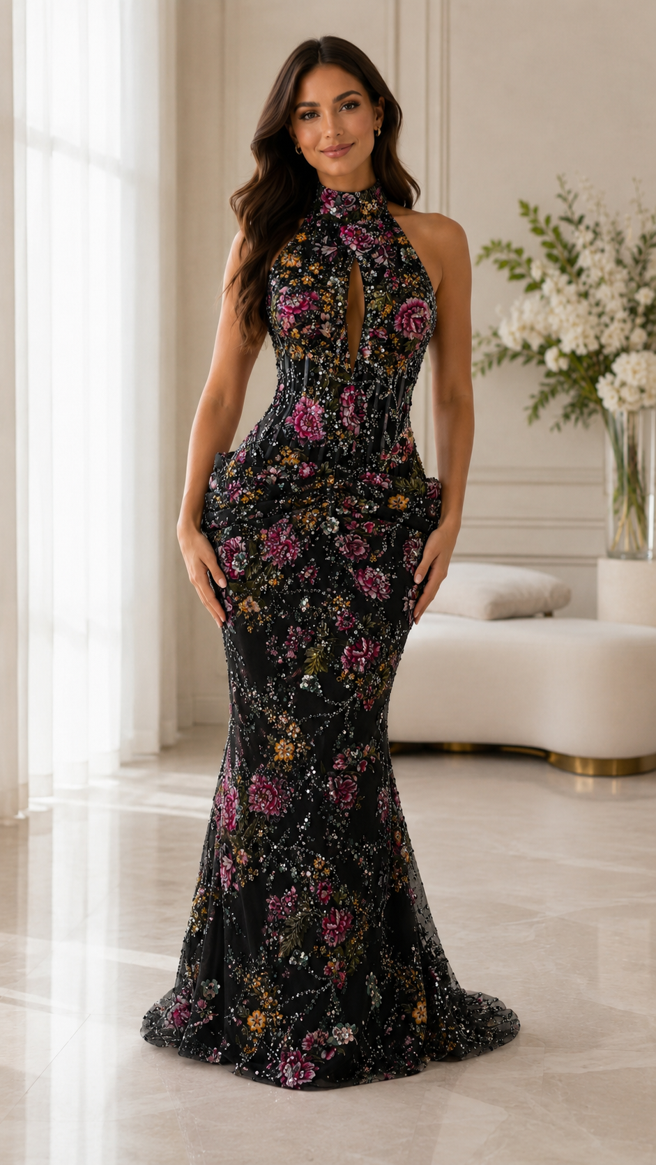 Front view of black floral embellished halter mermaid formal gown