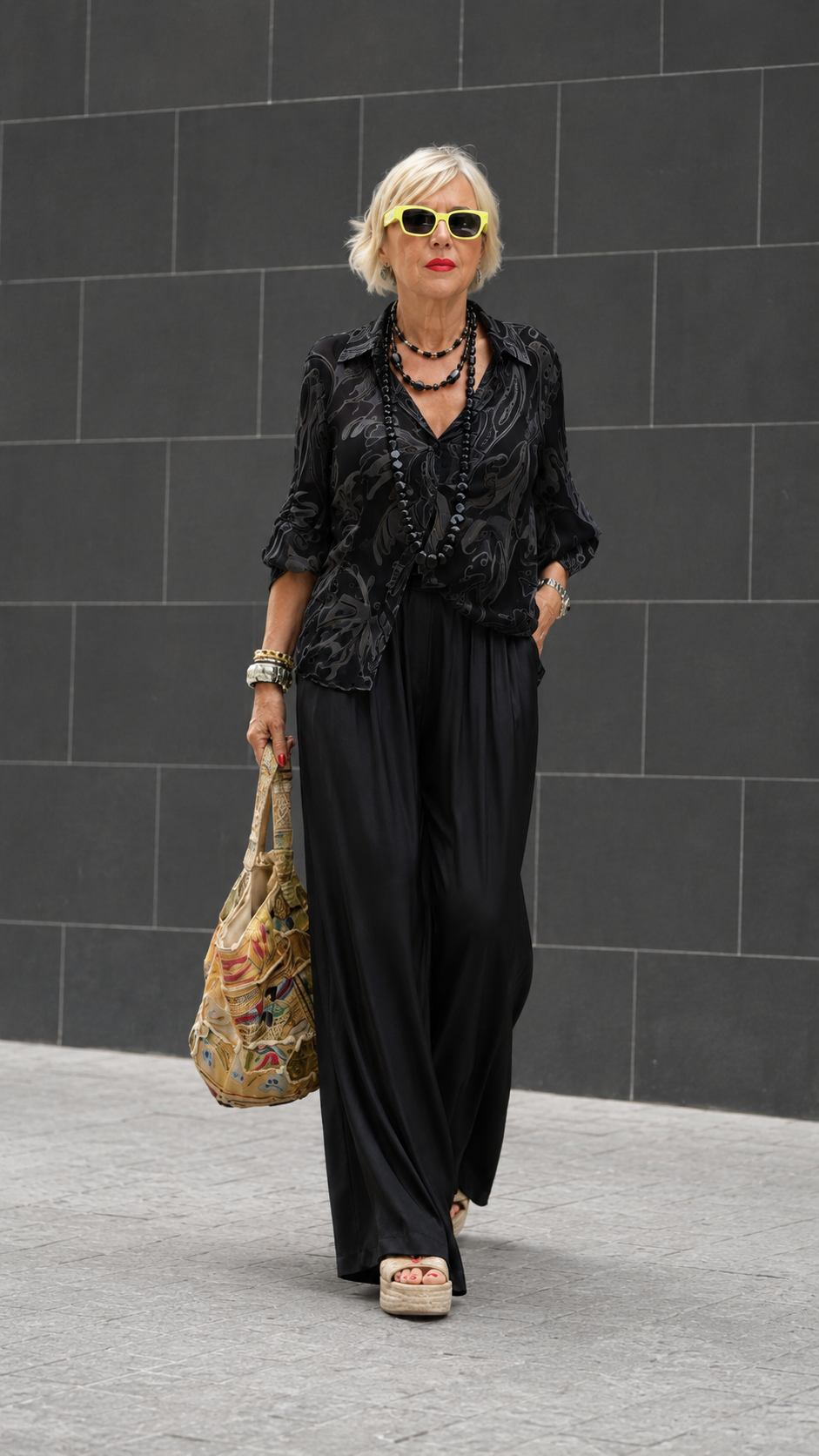 Front view of black printed blouse with black wide-leg pants set