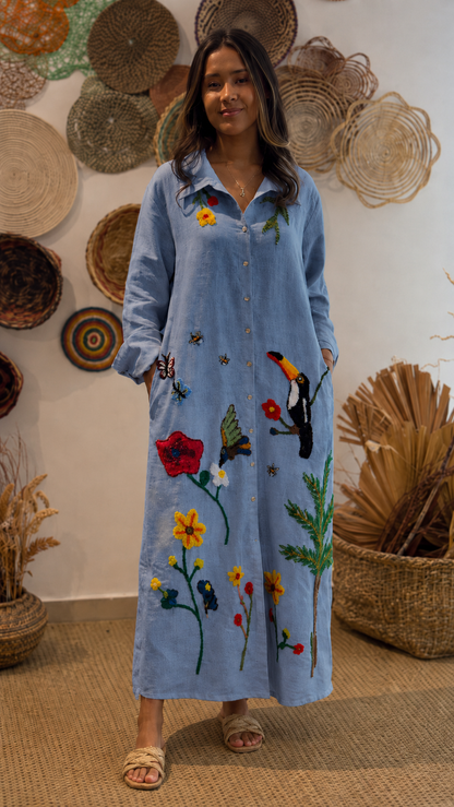 Sky blue embroidered floral maxi shirt dress with long sleeves and button front