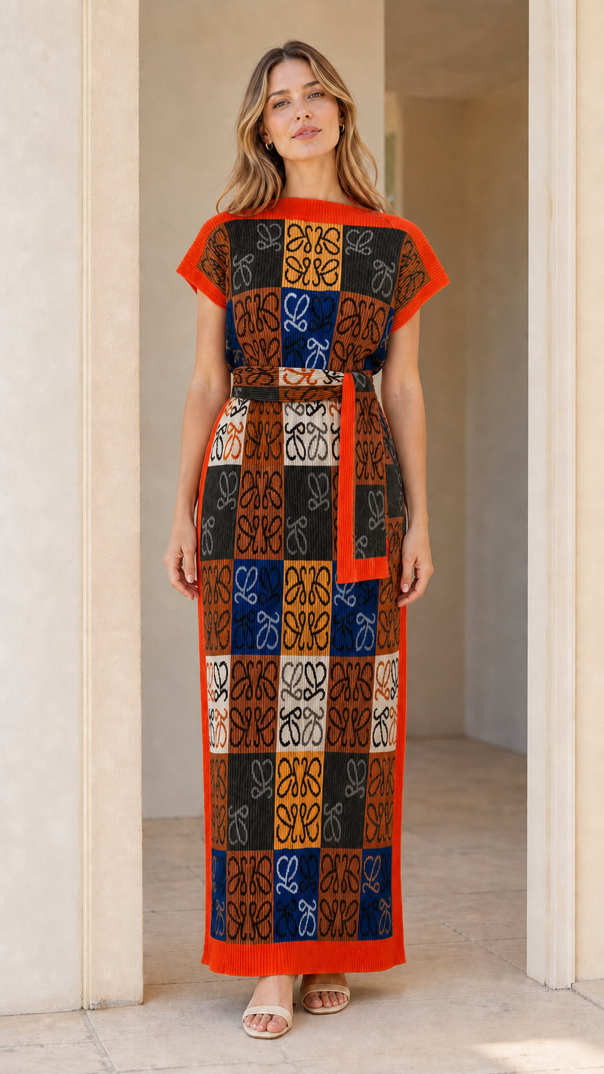 Model wearing geometric jacquard knit column maxi dress in Black Multi