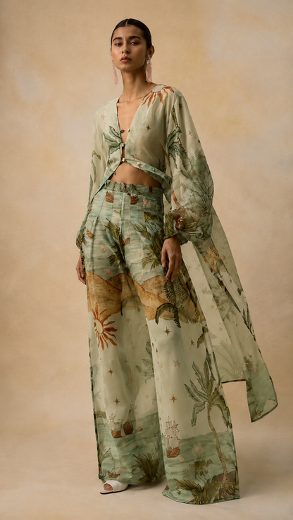 Front view of sage green printed three-piece set with tie-front top and wide-leg pants