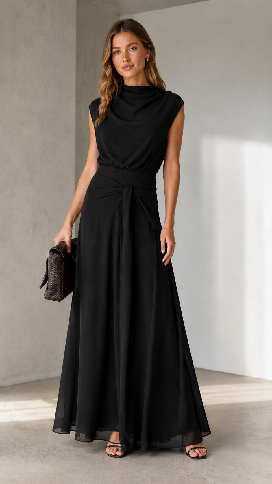 Front view of black draped mock neck sleeveless maxi dress with twist waist