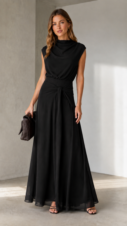 Front view of black draped mock neck sleeveless maxi dress with twist waist