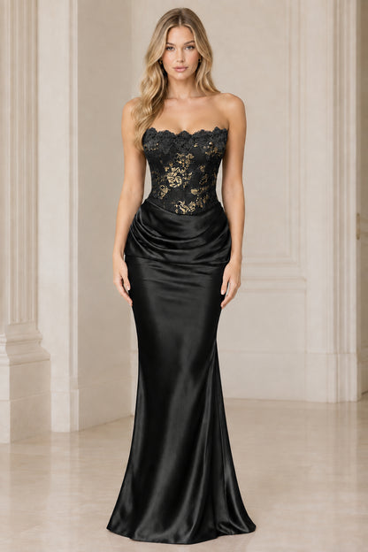 Black strapless satin mermaid gown with gold embroidered lace corset